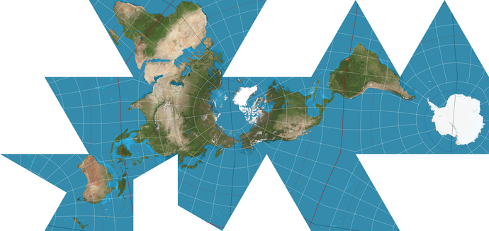 Dymaxion projection: an icosahedral world map with deliberate interruptions.
