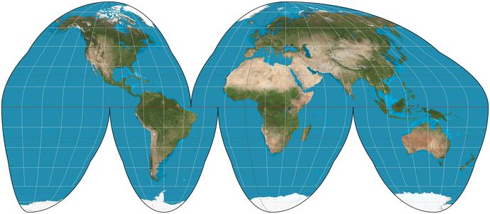 Goode homolosine projection with interruptions to reduce continental distortion.